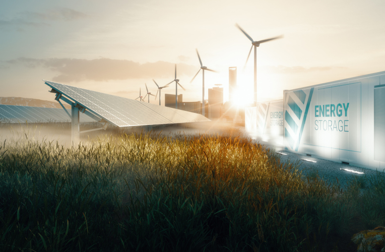 3d rendering of a smart grid renewable energy system solution for future smart cities at sunset.