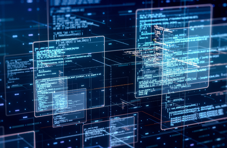 abstract network with random programming code, web and software development concept, futuristic technology, digital connectivity, cyber space